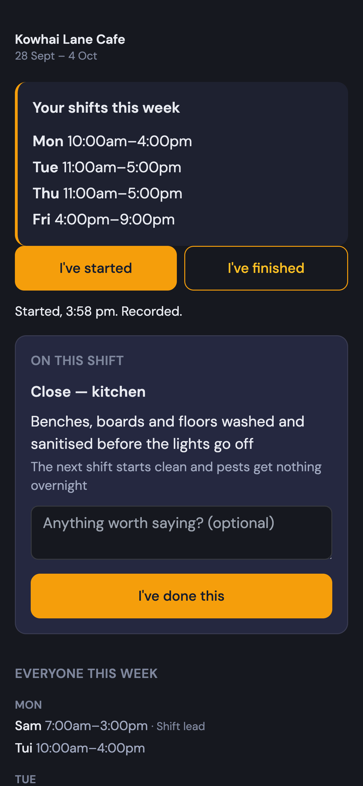 Started, 3:58 pm. Recorded.