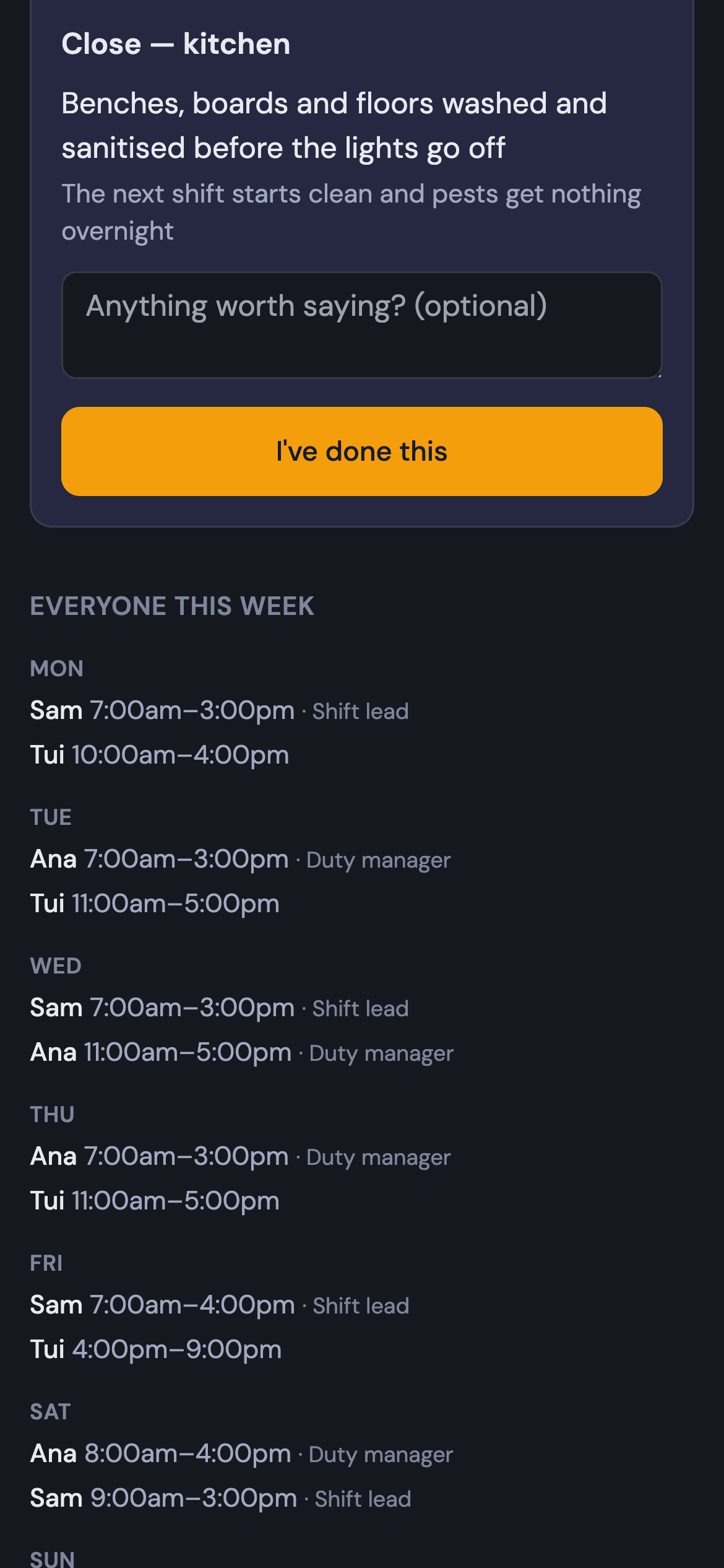 Close — kitchen guideline on Tui's shift